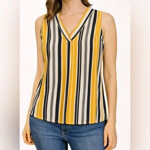 Pleione Sleeveless Striped V-Neck Blouse Top Yellow Black White Size Small